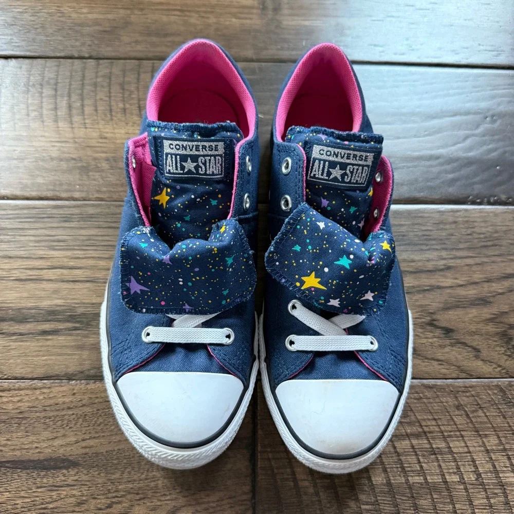 Converse All Star Girls Shoes Navy Blue Pink Star Print Lace Up Sneakers Sz 5